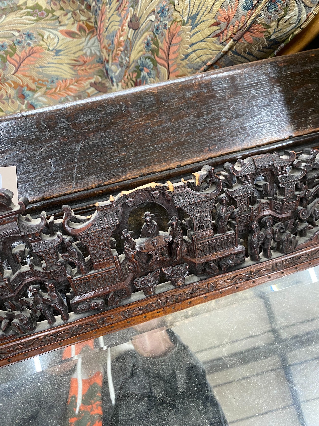 A Chinese rectangular carved hardwood wall mirror, width 52cm, height 64cm